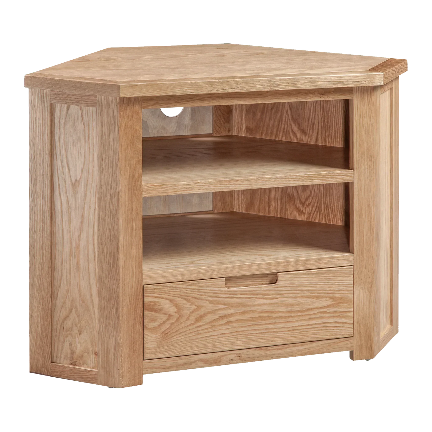 Oak corner TV unit with open shelves and single drawer, natural wood finish