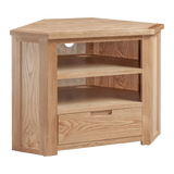 Oak corner TV unit with open shelves and single drawer, natural wood finish
