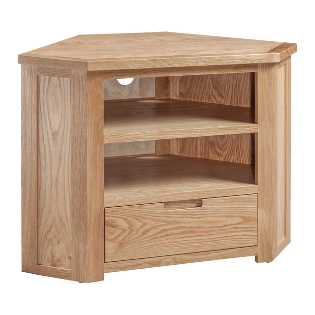 Oak corner TV unit with open shelves and single drawer, natural wood finish