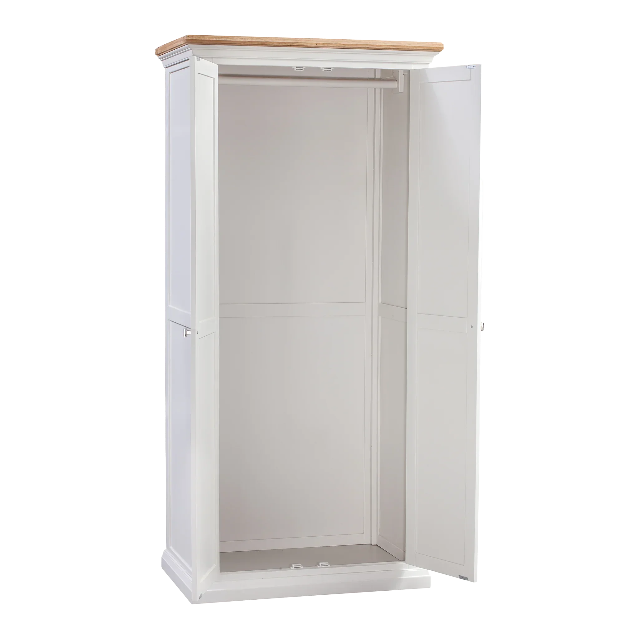 White wardrobe with open double doors and hanging rail, natural wood top, empty interior