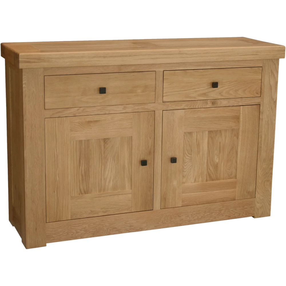 Oak sideboard with two drawers and two cupboard doors, natural wood grain finish
