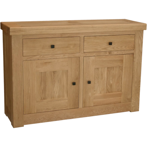 Oak sideboard with two drawers and two cupboard doors, natural wood grain finish