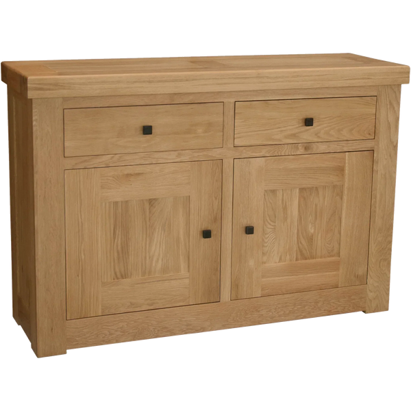 Oak sideboard with two drawers and two cupboard doors, natural wood grain finish