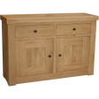 Oak sideboard with two drawers and two cupboard doors, natural wood grain finish