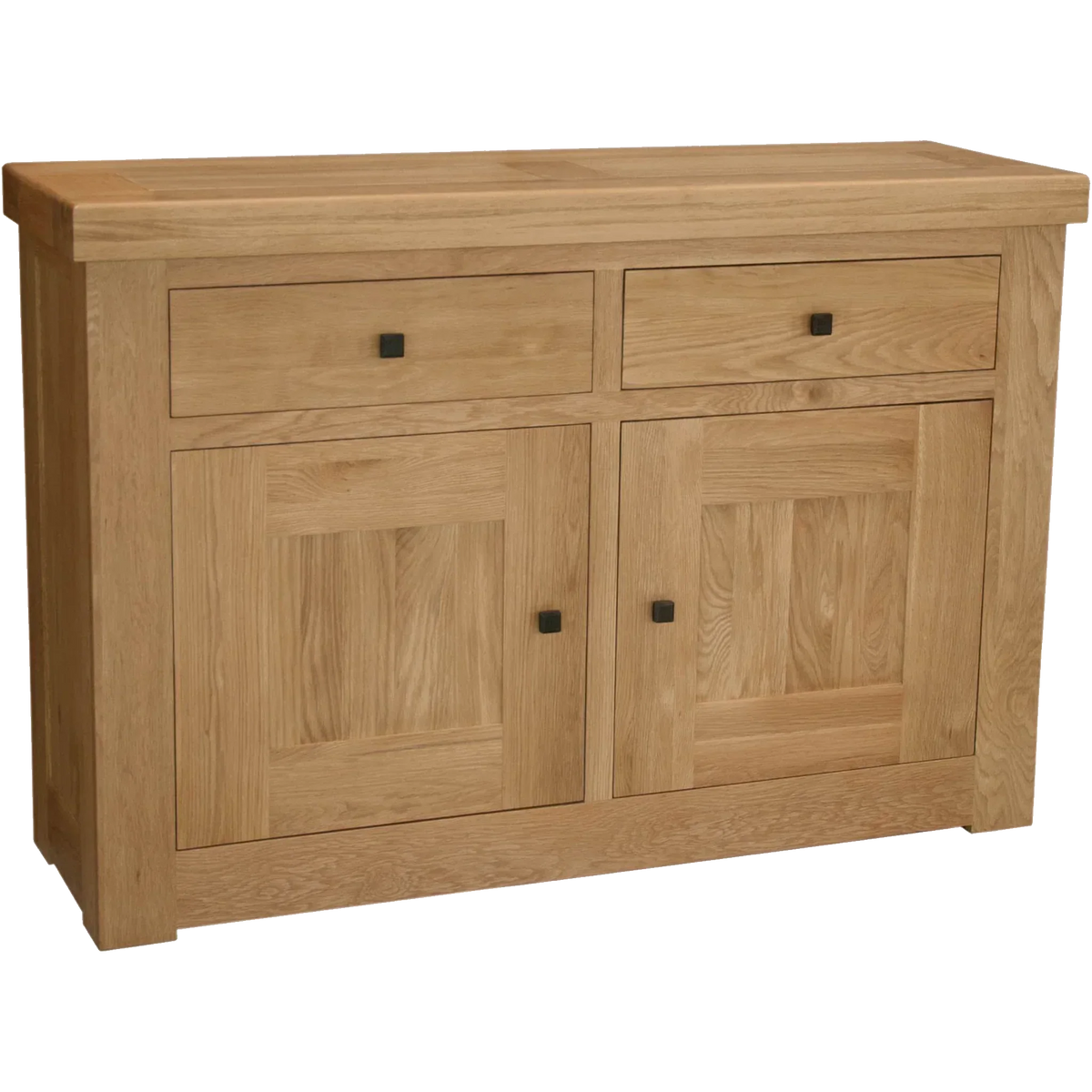 Oak sideboard with two drawers and two cupboard doors, natural wood grain finish