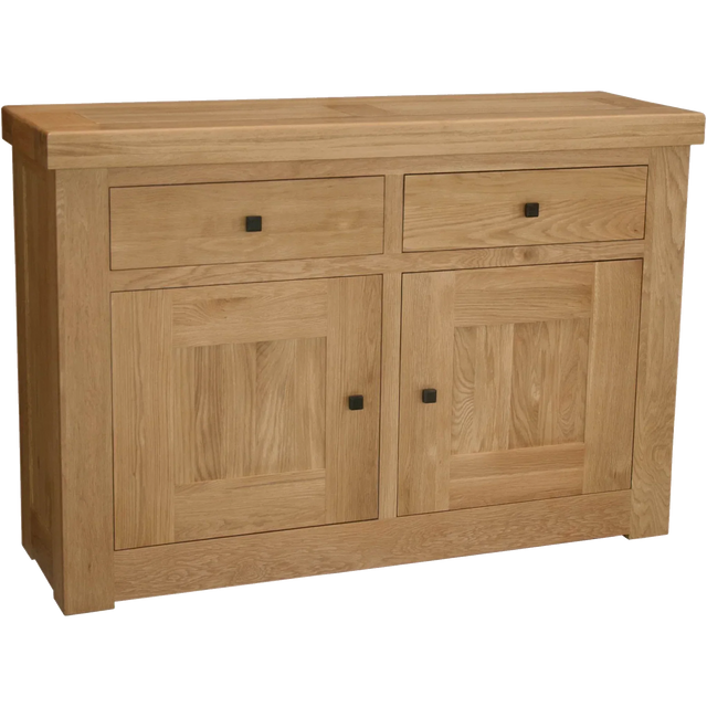 Oak sideboard with two drawers and two cupboard doors, natural wood grain finish