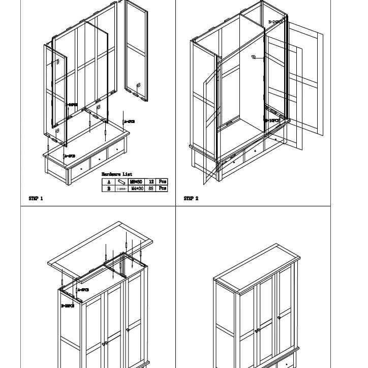 Wardrobe assembly instructions with hardware list and four illustrated construction steps