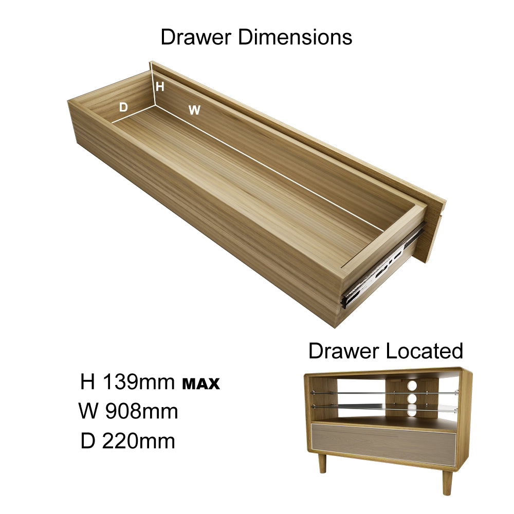Wooden furniture drawer with measurements and placement in TV unit, showing storage capacity