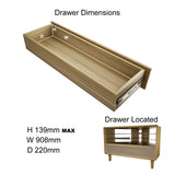 Wooden furniture drawer with measurements and placement in TV unit, showing storage capacity