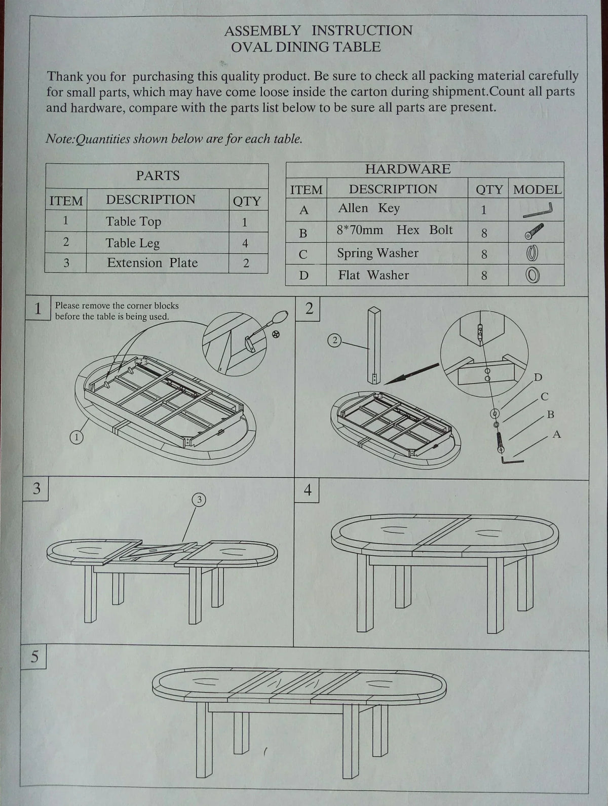 Oval dining table assembly instructions with parts list, hardware, and step-by-step diagrams