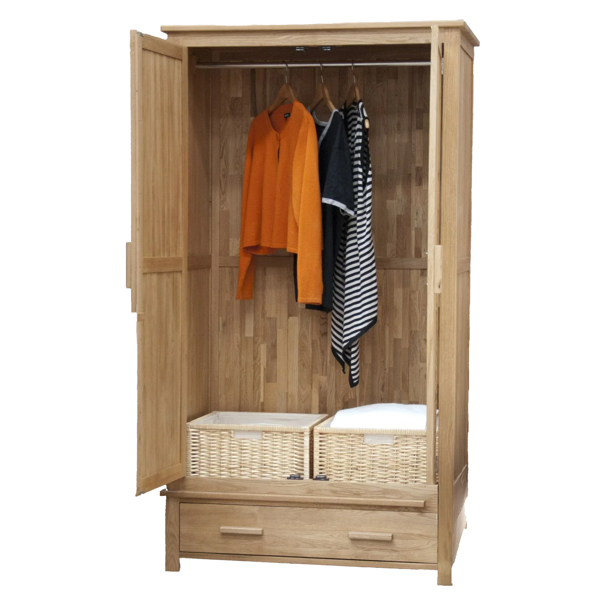 Oak wardrobe with open doors, hanging rail, two wicker baskets and clothes inside