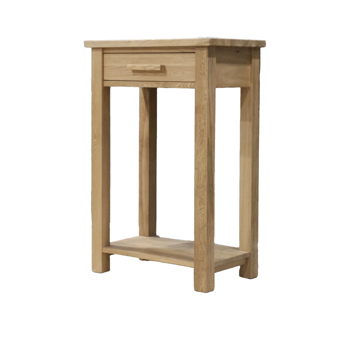 Oak console table with drawer and lower shelf, natural wood finish, front angle view