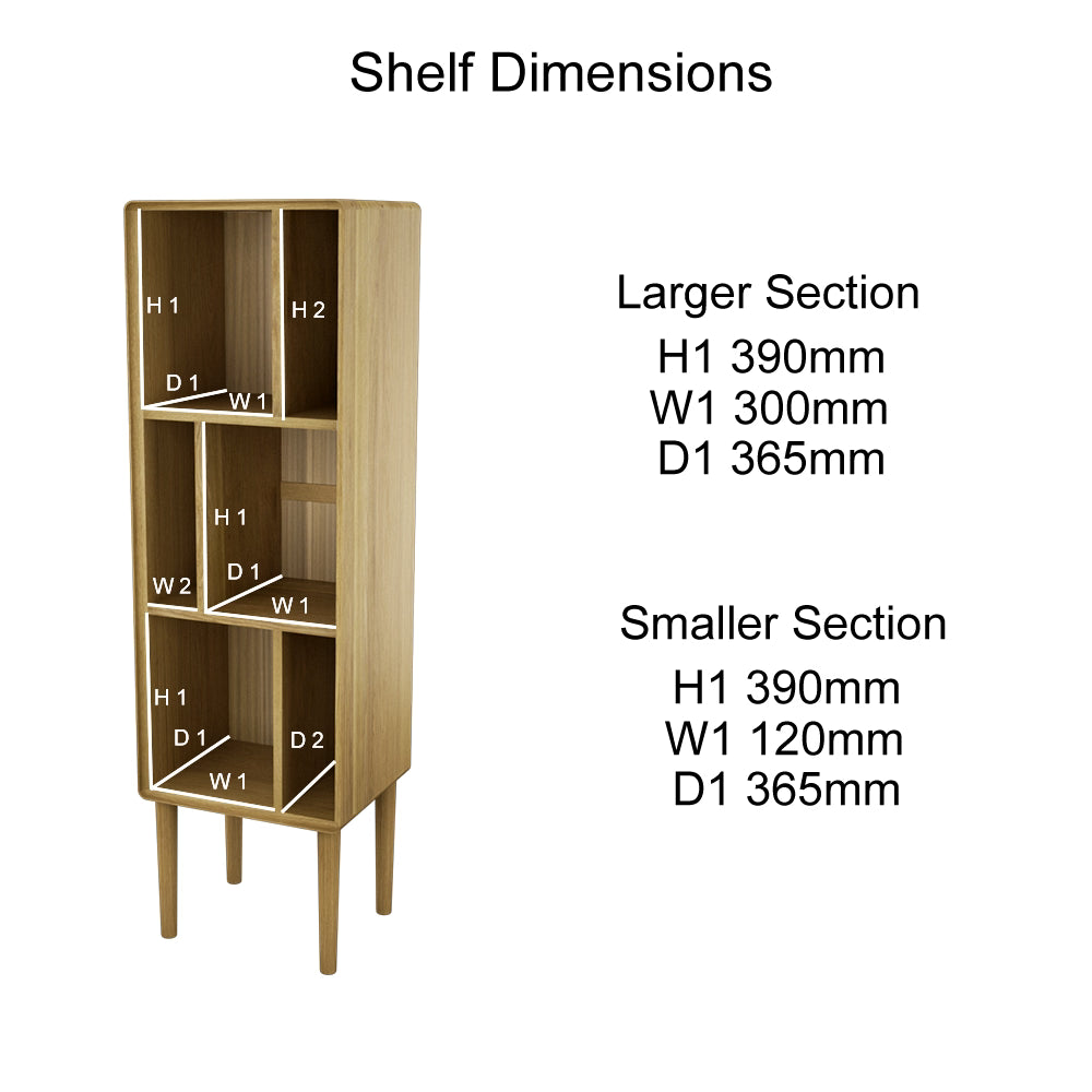 Tall wooden shelving unit with multiple open compartments and shelf dimensions labeled
