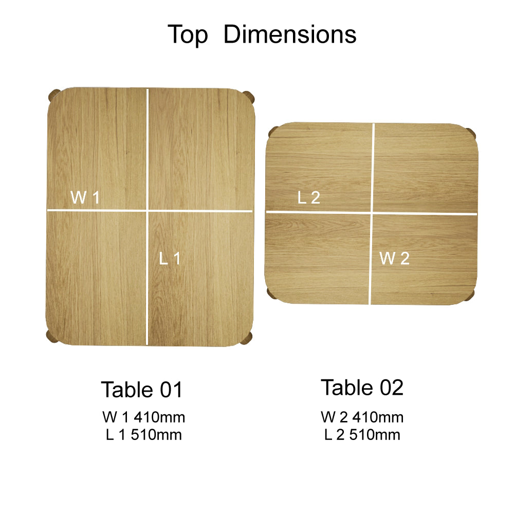 Wooden table tops with rounded corners showing dimensions for two tables in millimetres