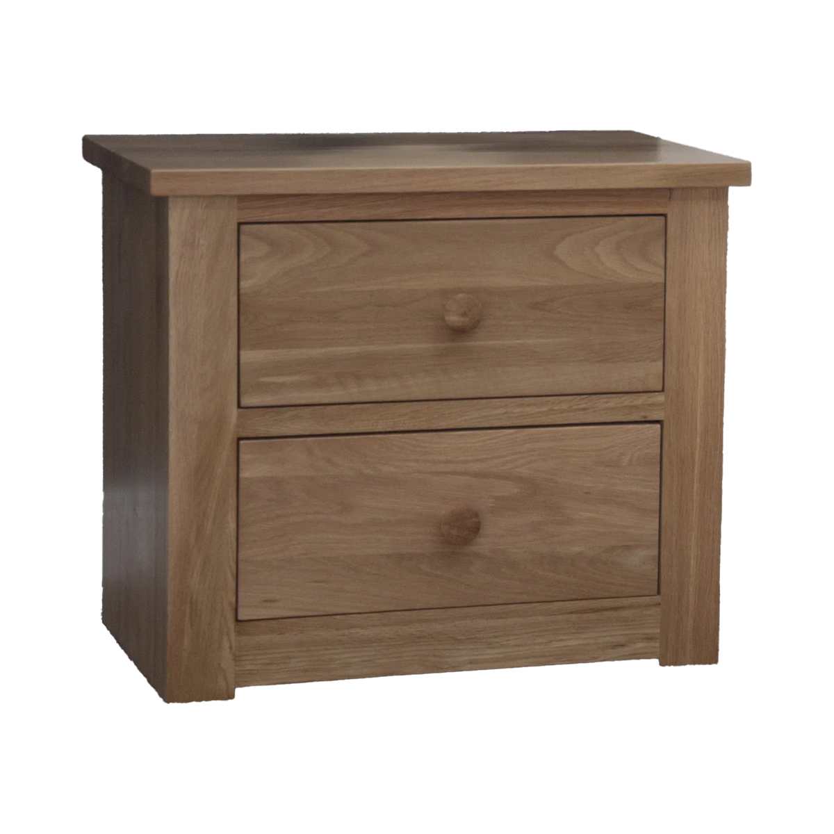 Oak bedside table with two drawers and round wooden handles