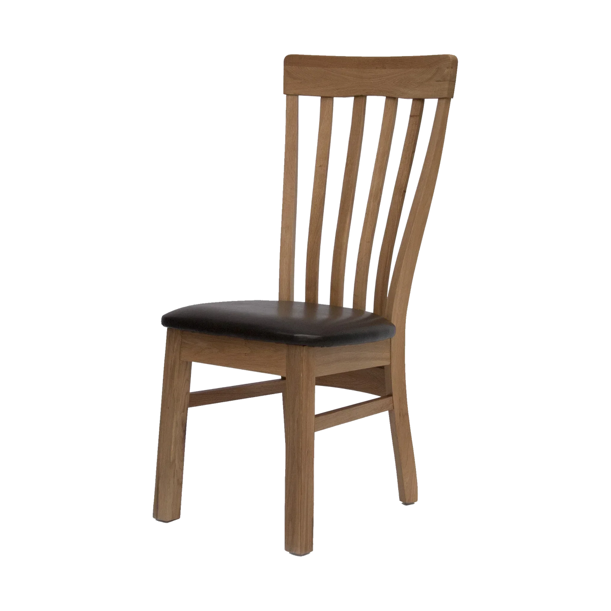 Oak dining chair with black cushioned seat and slatted backrest on white background