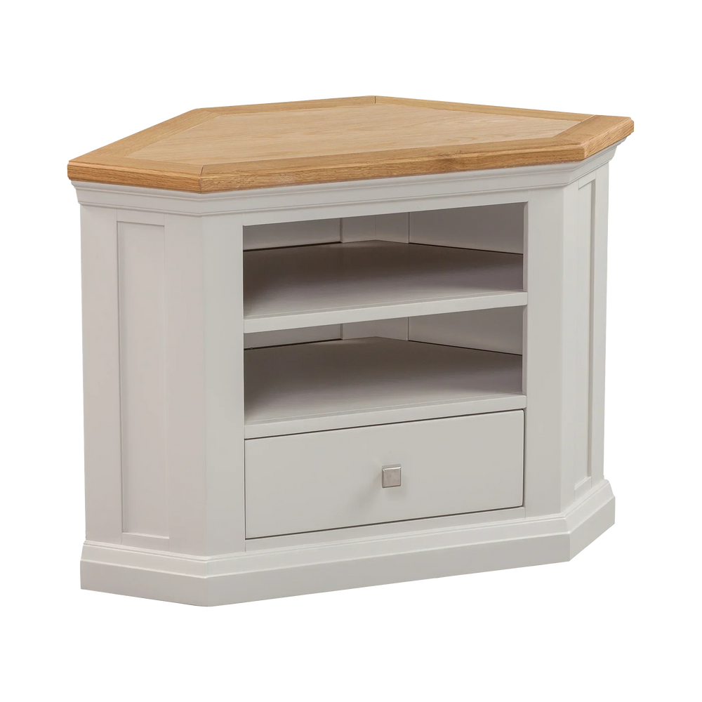 Corner TV unit with oak top, white painted finish, shelves and single drawer