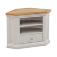 Corner TV unit with oak top, white painted finish, shelves and single drawer