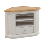 Corner TV unit with oak top, white painted finish, shelves and single drawer