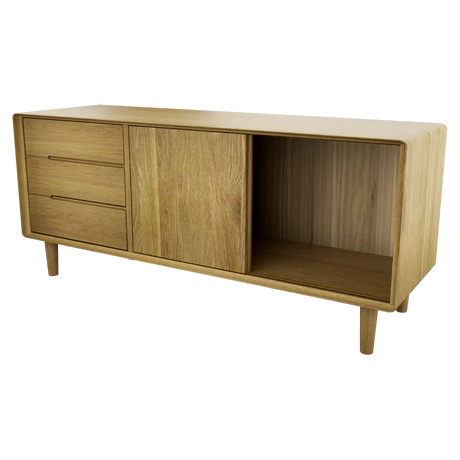Oak sideboard with three drawers, single door and open storage compartment