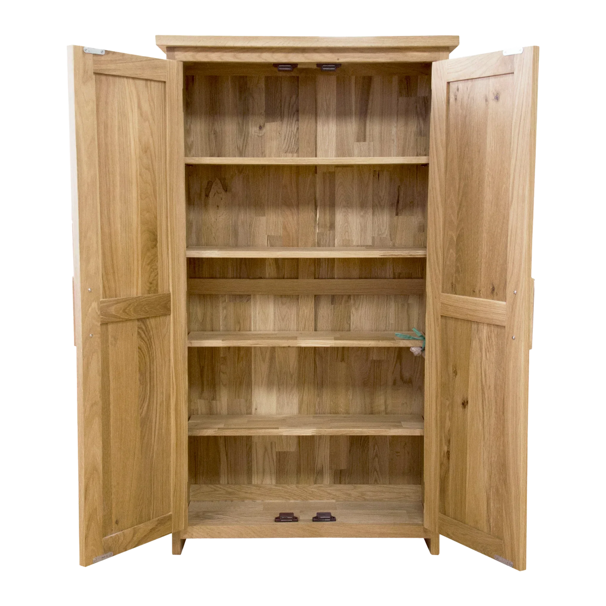 Oak wood shelving unit with double doors open and five spacious shelves visible