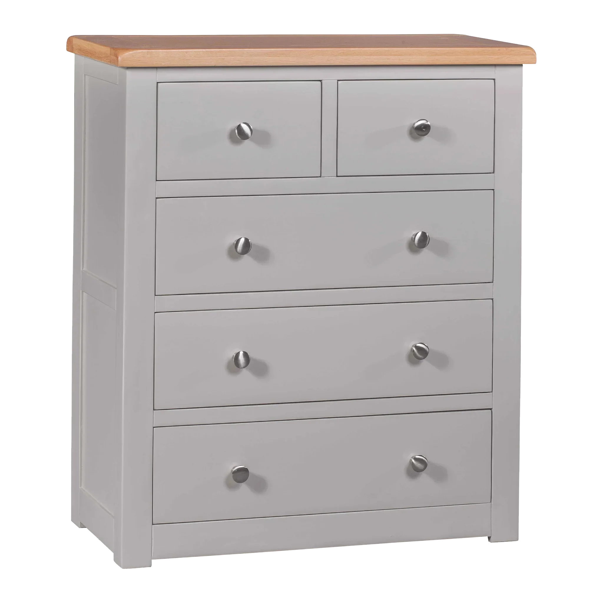 Grey chest of drawers with five drawers and wooden top, metal handles, angled view