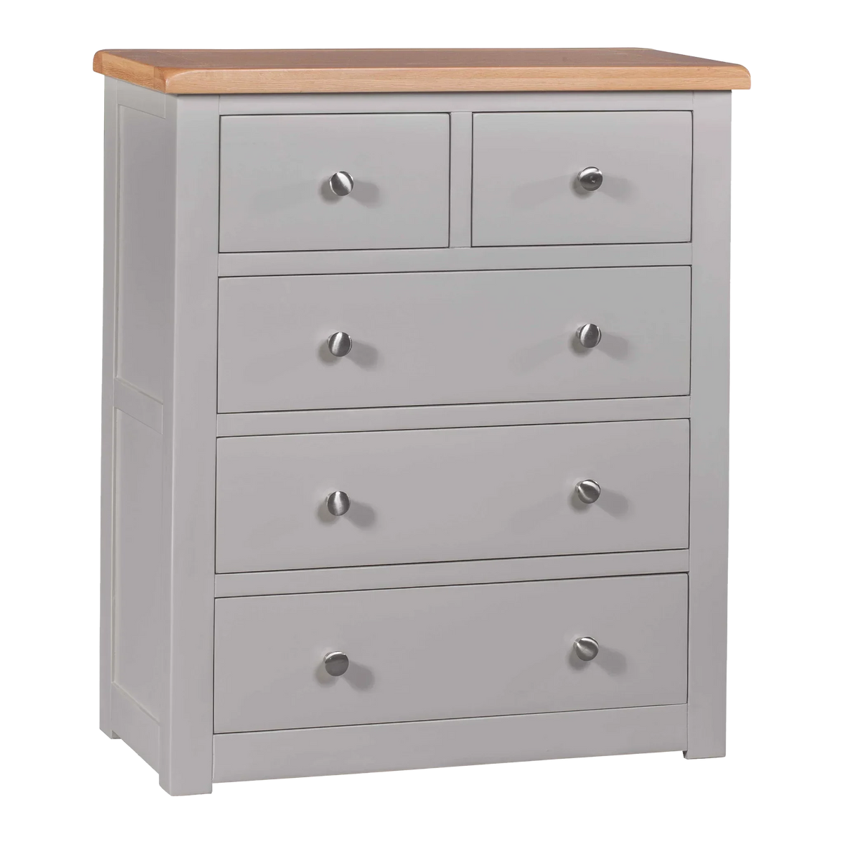 Grey chest of drawers with five drawers and wooden top, metal handles, angled view