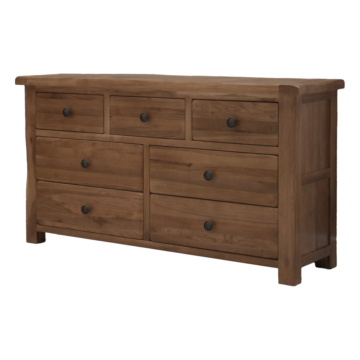 Solid wood chest of drawers with black handles and natural finish, side angle view