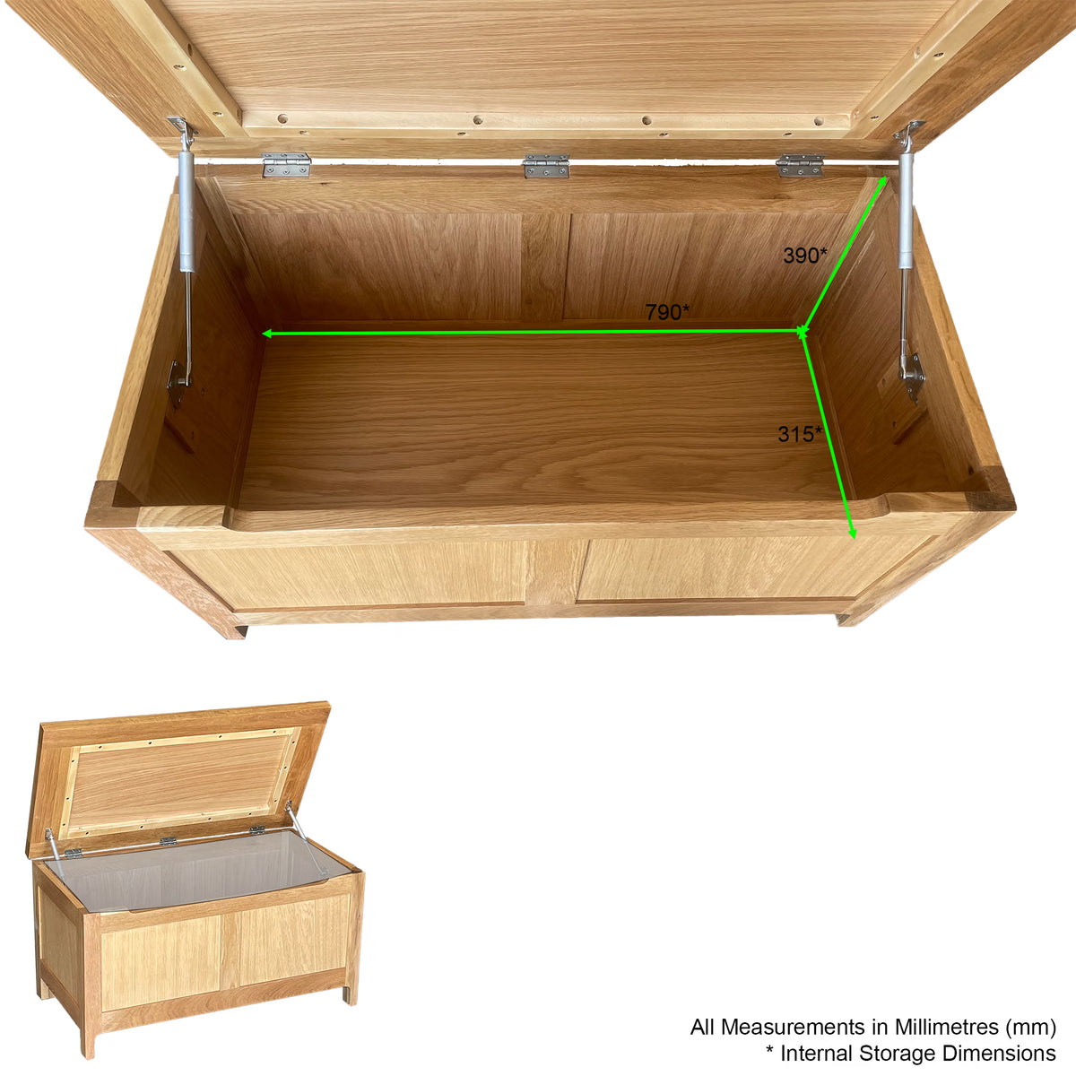Oak blanket box with lid open showing internal storage dimensions in millimeters