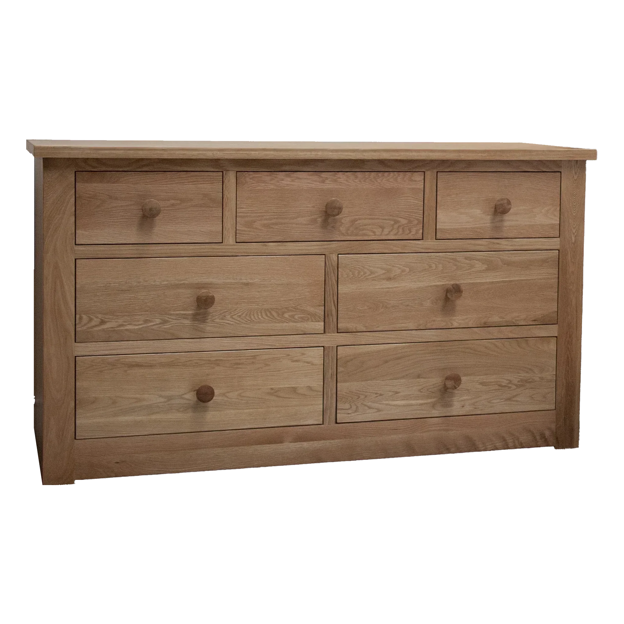 oak chest of drawers with seven wooden handles and natural wood grain finish