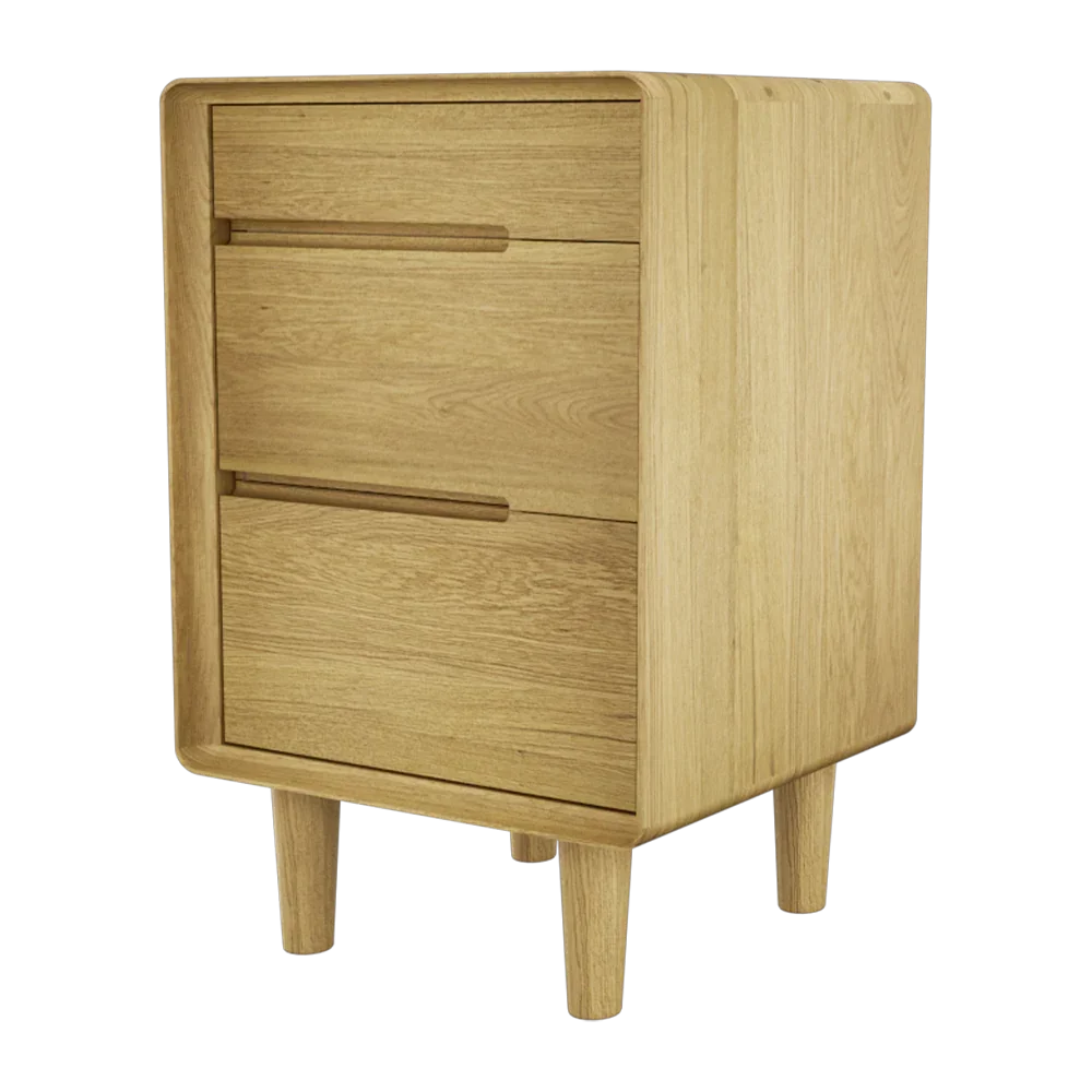 Oak bedside table with three drawers and rounded corners