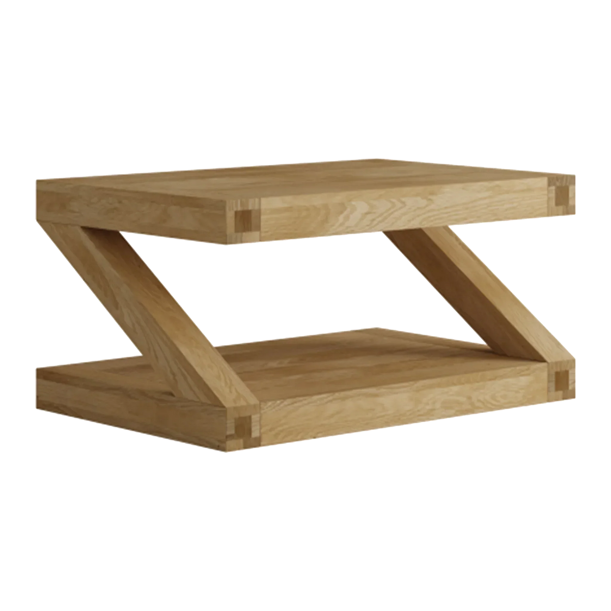 Oak coffee table with modern Z-shaped frame and lower storage shelf