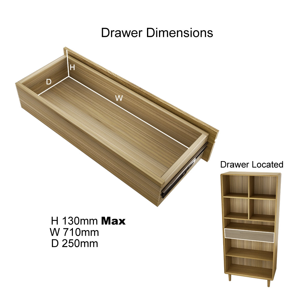 Wooden bookcase drawer with inner dimensions labeled, positioned in center shelf section