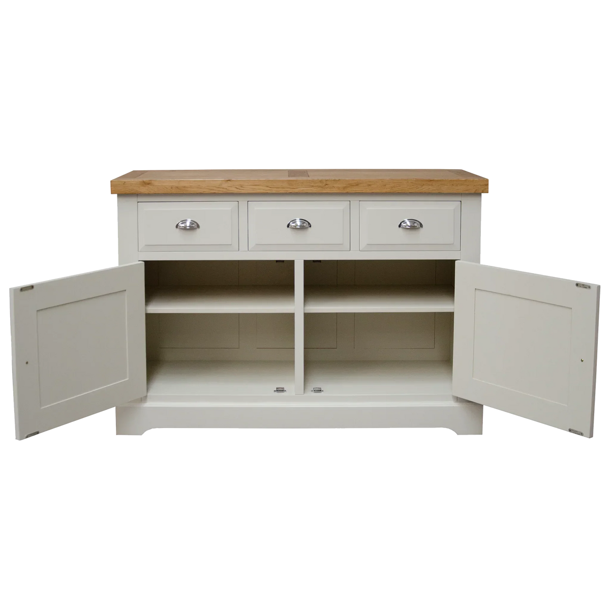 Cream sideboard with oak top, three drawers, open cupboard doors, and shelving