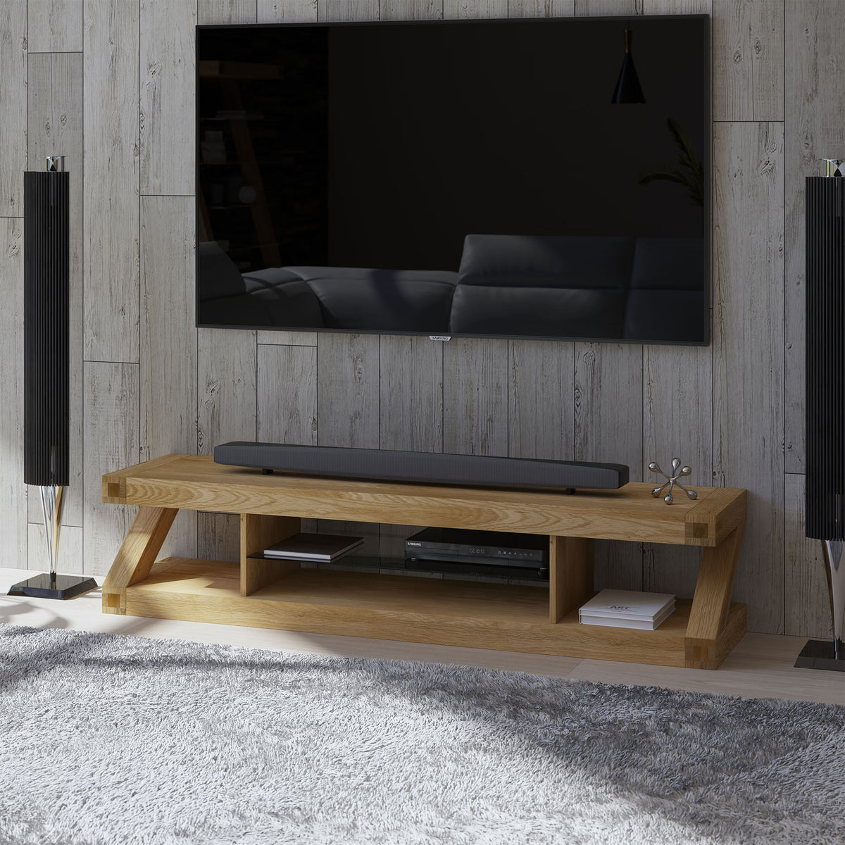 Oak TV stand with open shelves and soundbar in modern living room setup