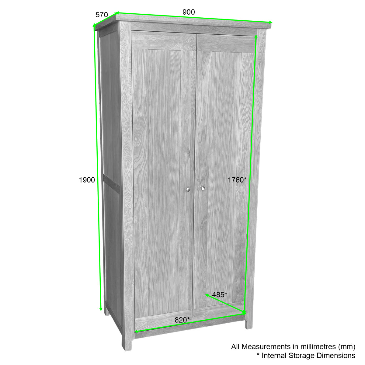 Tall oak wardrobe with two doors, visible grain finish, labeled dimensions in millimeters