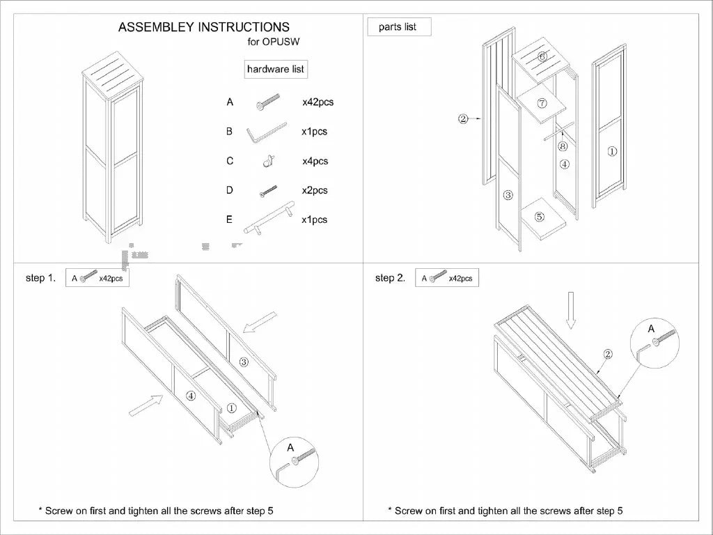 Tall storage cabinet assembly instructions with labeled hardware and step-by-step illustrations