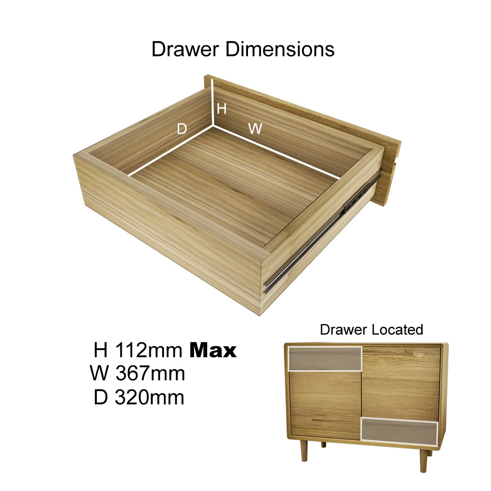 Wooden sideboard drawer with dimensions H 112mm W 367mm D 320mm shown open