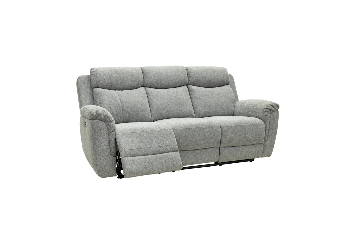 A light gray fabric reclining loveseat sofa shown from a three-quarter angle against a plain white background.