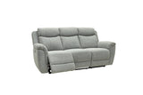 A light gray fabric reclining loveseat sofa shown from a three-quarter angle against a plain white background.
