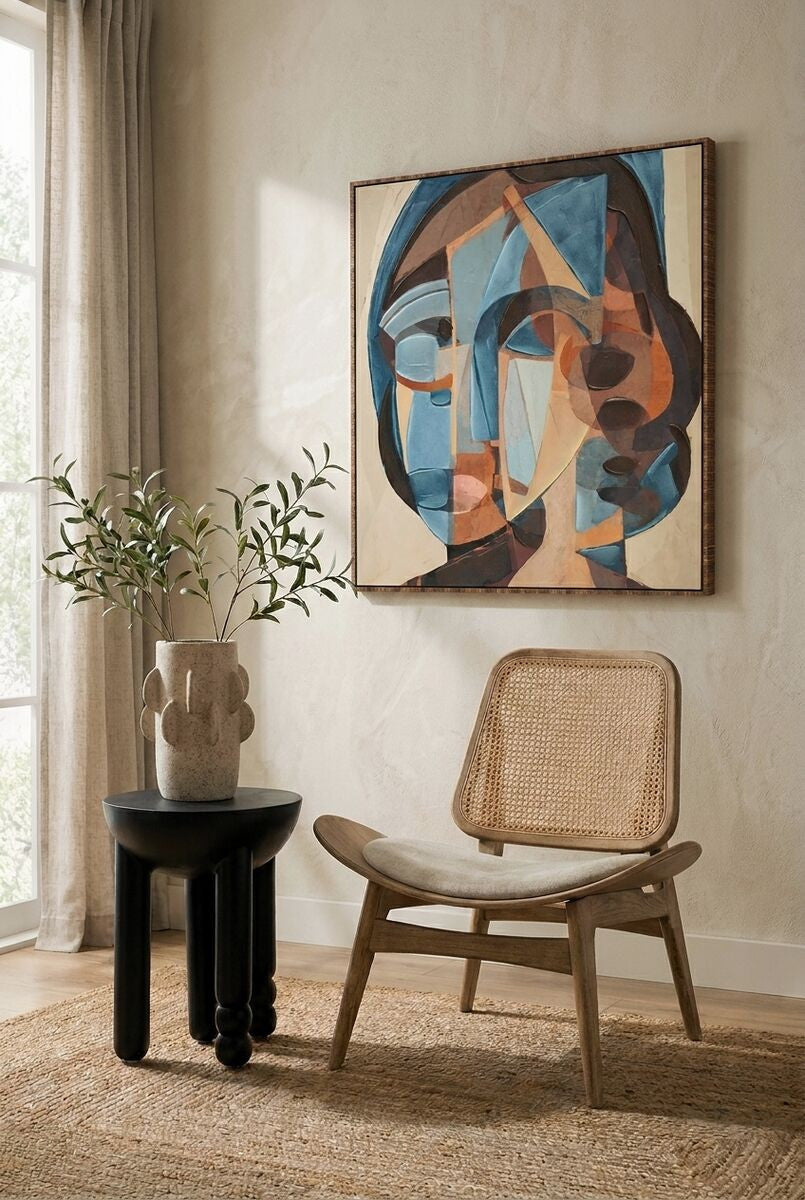 Beige fabric chair featuring a cane backrest and washed elm wood frame, positioned next to a round black side table with a textured surface.