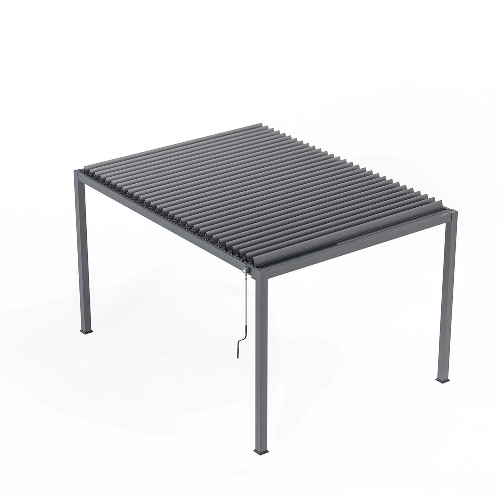 Grey metal pergola with adjustable louvre roof and crank handle, angled front view