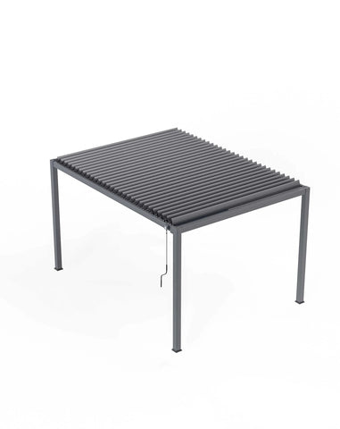 Grey metal pergola with adjustable louvre roof and crank handle, angled front view
