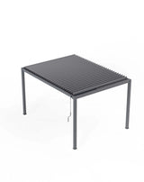 Grey metal pergola with adjustable louvre roof and crank handle, angled front view