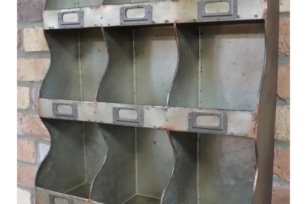 Industrial metal wall storage unit with nine compartments and label holders