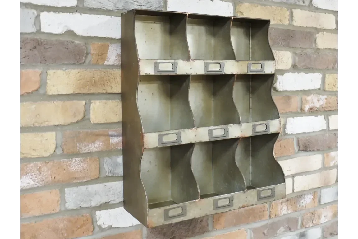 Wall mounted metal storage organiser with nine cubby holes and label slots