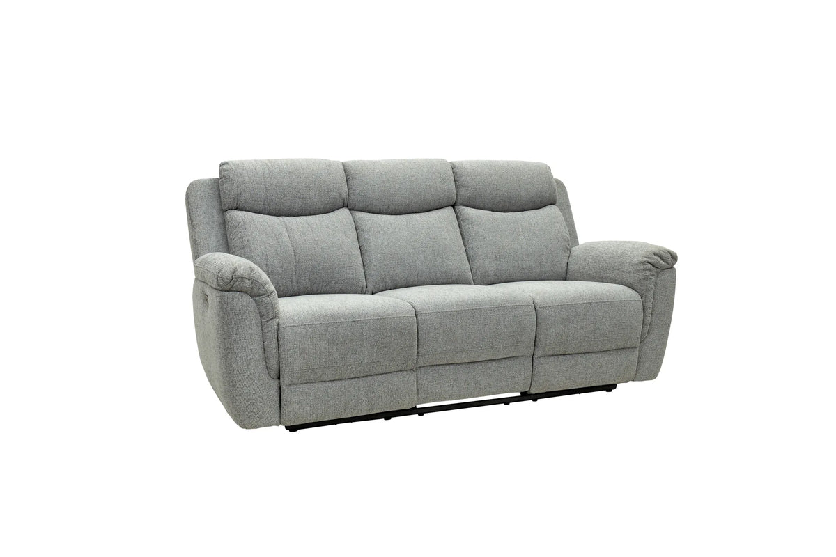 A three-seater power reclining loveseat sofa upholstered in a textured light gray fabric, shown from a three-quarter angle against a plain white background.