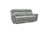A three-seater power reclining loveseat sofa upholstered in a textured light gray fabric, shown from a three-quarter angle against a plain white background.