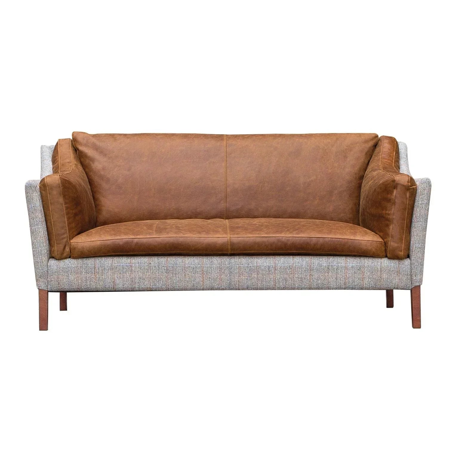 Brown leather and grey fabric sofa with wooden legs, front view