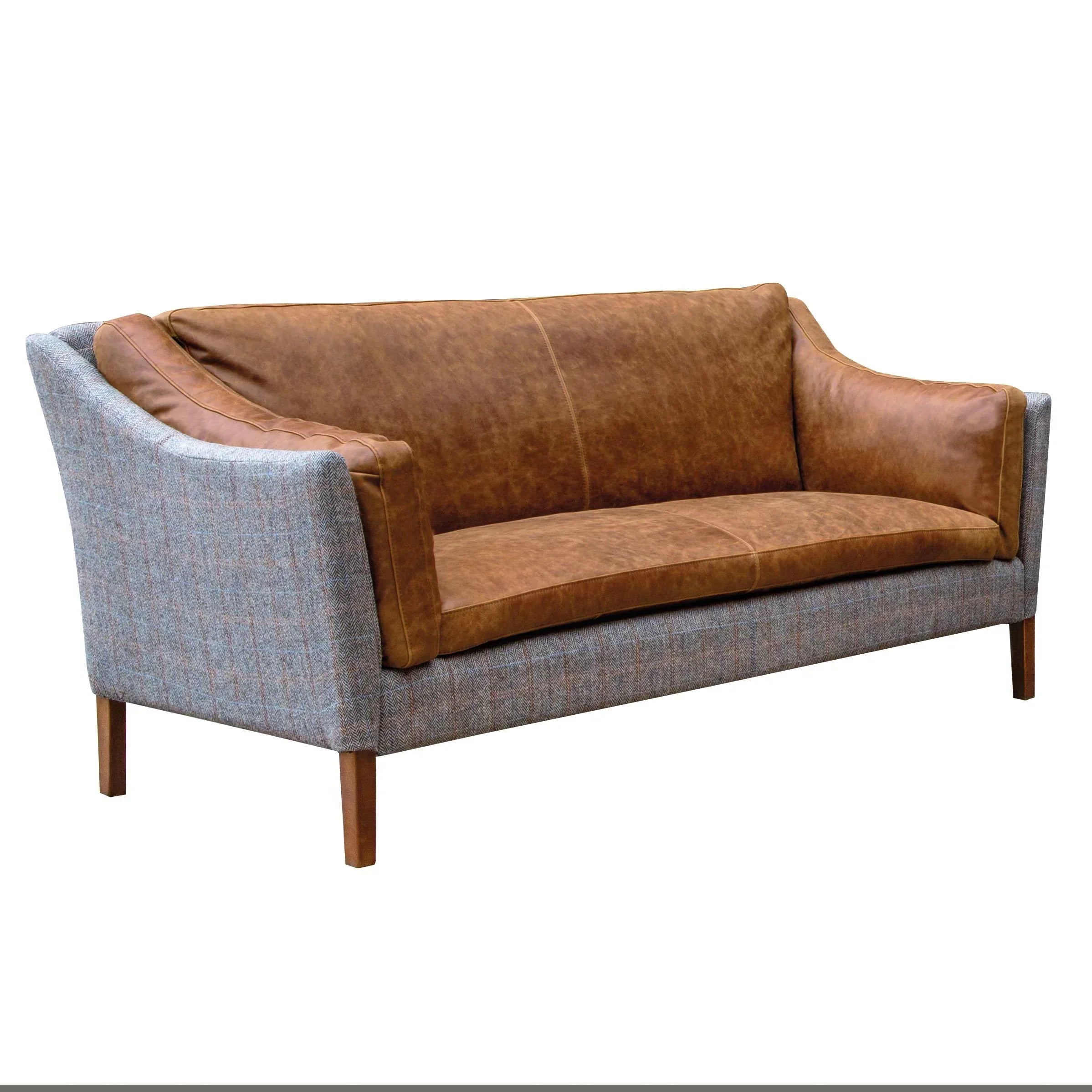 Brown leather and grey fabric sofa with wooden legs, angled side view